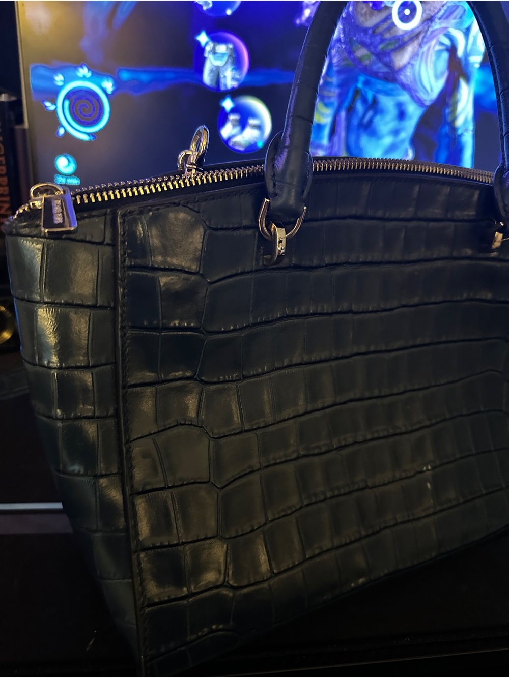 NWOT Michael Kors Croc Embossed Leather Bag Black Gold Chain Shoulder Crossbody - Picture 12 of 16